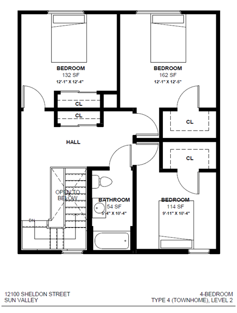 Floor plan for 4 beds, 2 baths, 1200 sqft